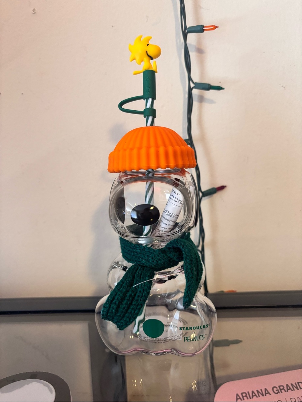 Starbucks Peanuts Glass Snowman Ornament - Orange Hat, Dark Green Scarf